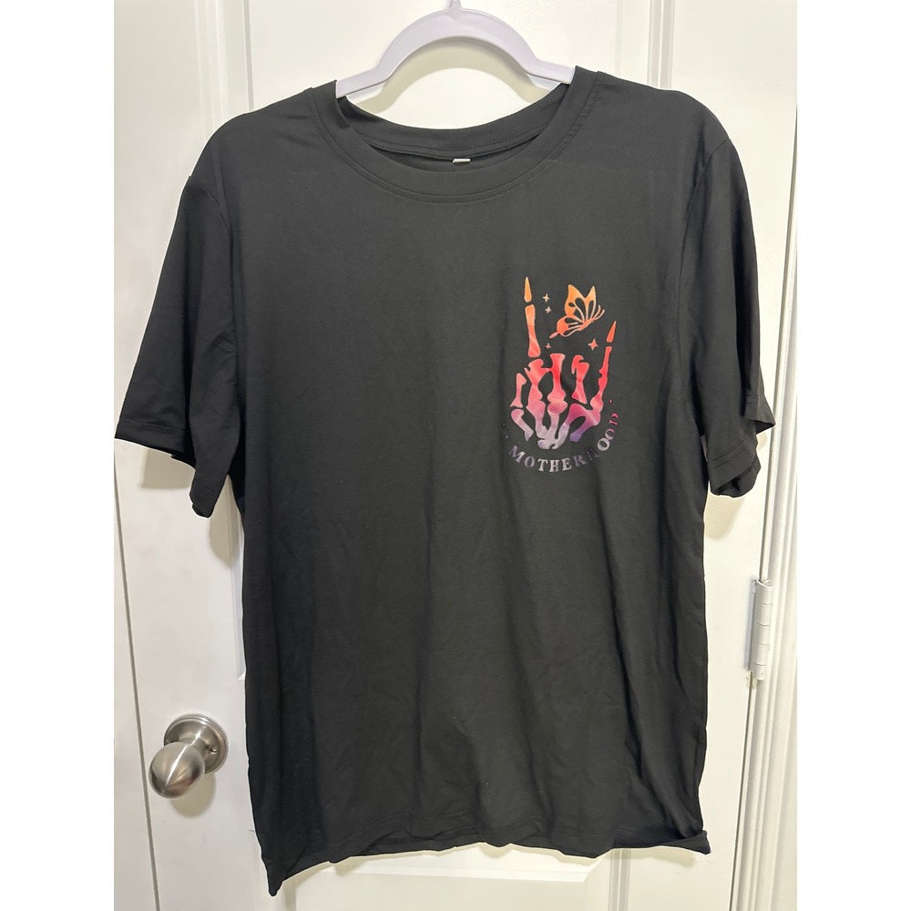 Motherhood Skeleton Graphic T-Shirt Black Short Sleeve Rocker Tee Womens Medium